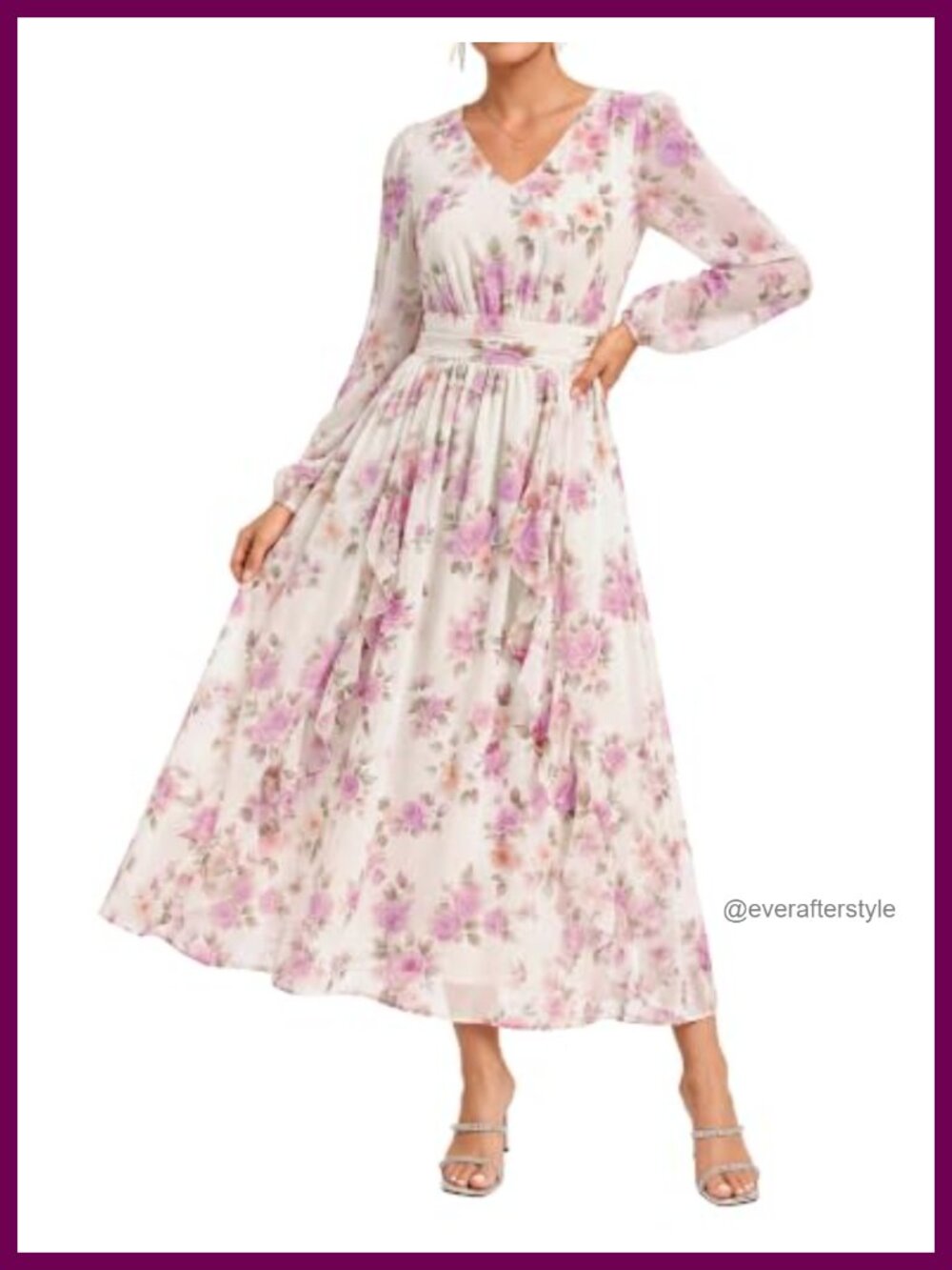 Women's Floral Chiffon Long Sleeve V Neck Tiered Maxi Dress